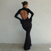 Black Turtleneck Backless Maxi For Women Elegant Evening Trumpet Sleeves 2024 Autumn Bodycon Long