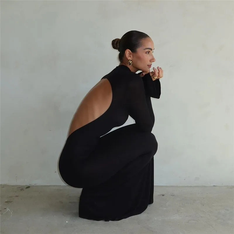 Mock Neck Long Sleeve Open Back Mermaid Maxi Dress 5