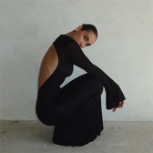 Black TurtleNeck Backless Maxi For Women Elegant Evening Trumpet Sleeves Autumn Bodycon Long Cut Out Dress