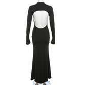 Black TurtleNeck Backless Maxi For Women Elegant Evening Trumpet Sleeves Autumn Bodycon Long Cut Out Dress