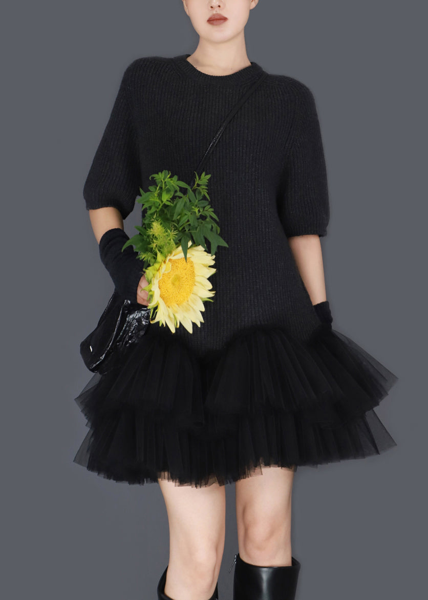 Tiered Tulle Crew Neck Short Sleeve Ribbed Knit Ruffle Mini Dress