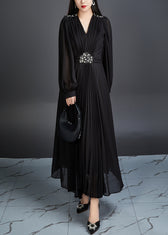 Black Zircon Chiffon Long Dresses V Neck Long Sleeve 2