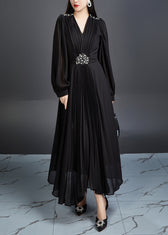 Black Zircon Chiffon Long Dresses V Neck Long Sleeve 3