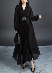 Black Zircon Chiffon Long Dresses V Neck Long Sleeve 4