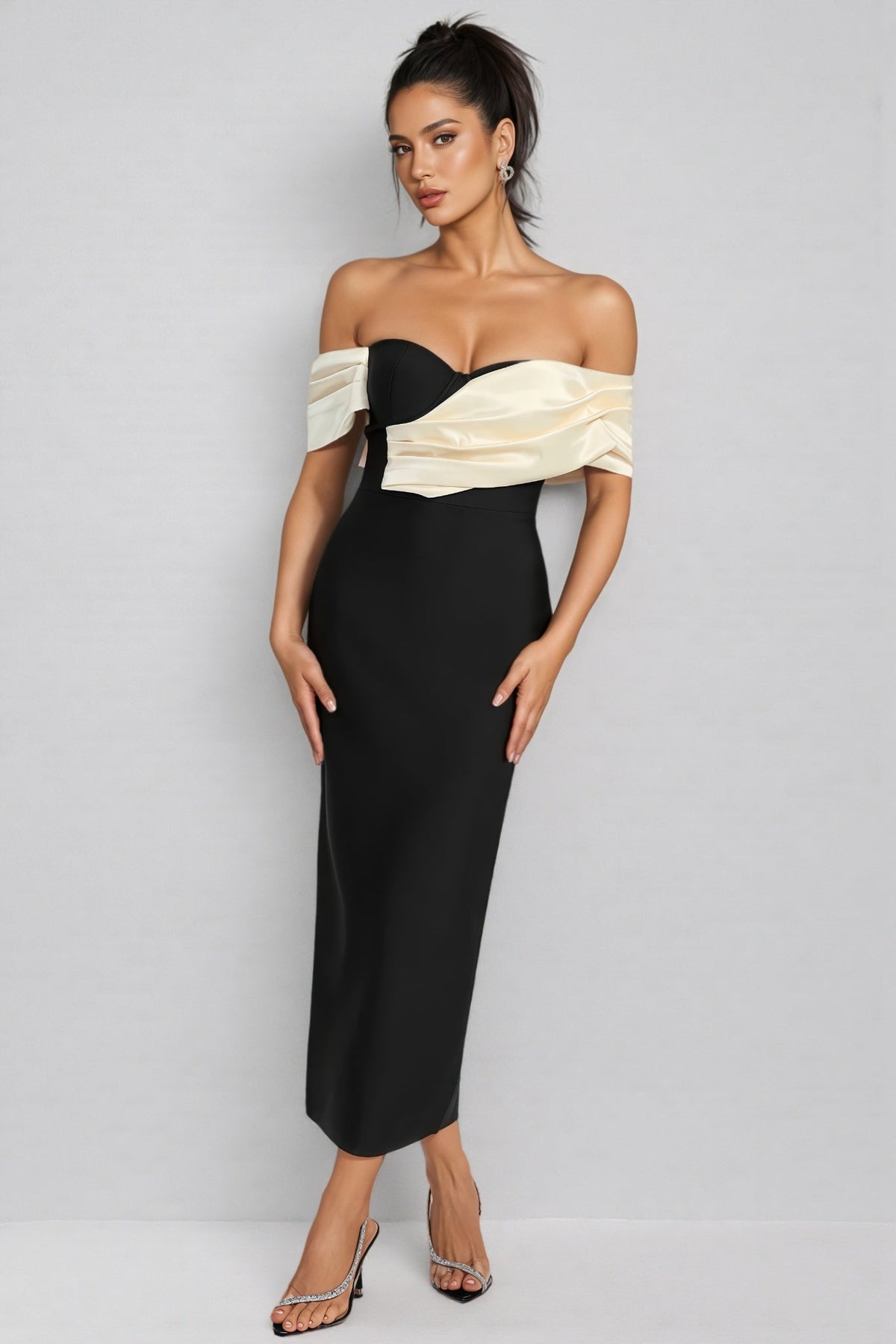 Off Shoulder Contrast Satin Drape Sweetheart Neck Bandage Midi Dress 2