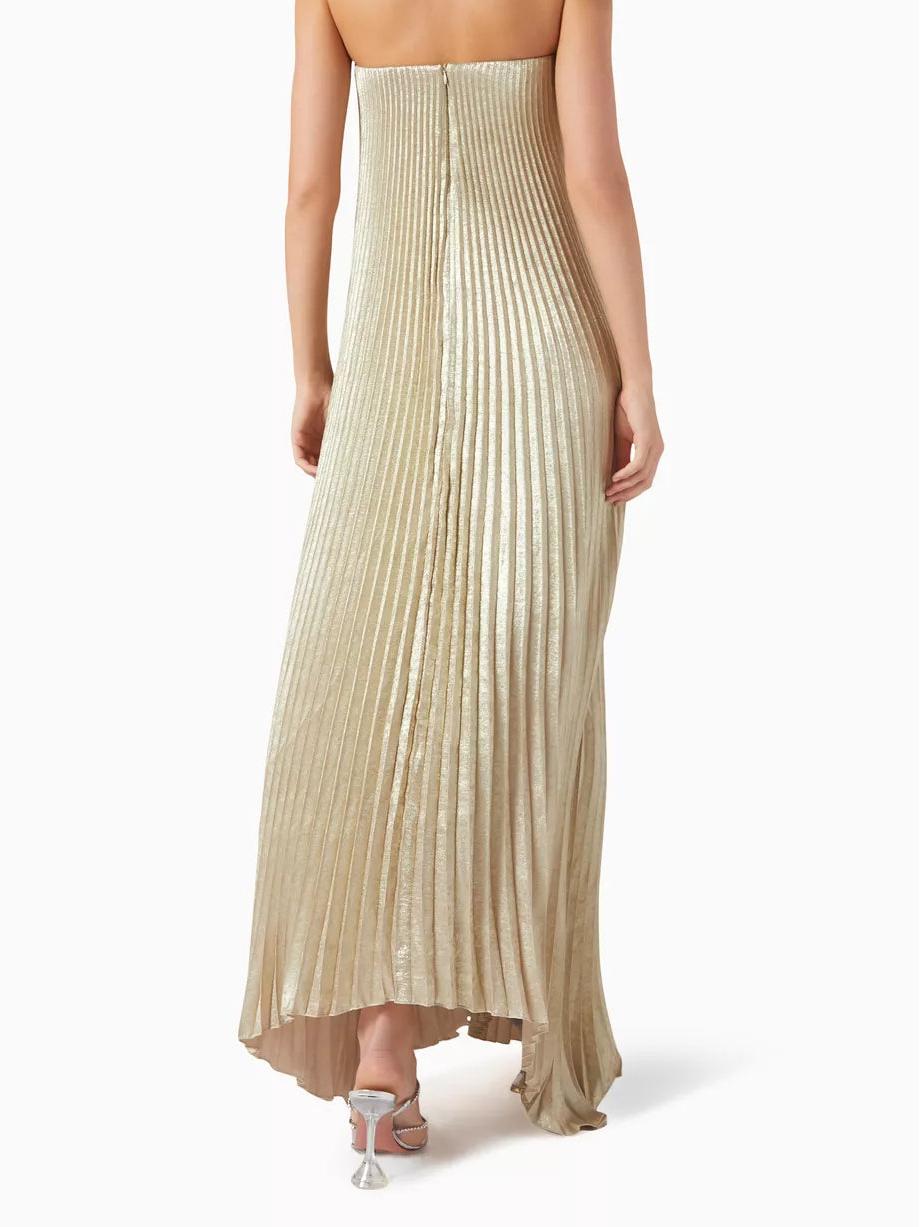 Metallic Micro Pleated Strapless Notch Neck A-Line Maxi Gown