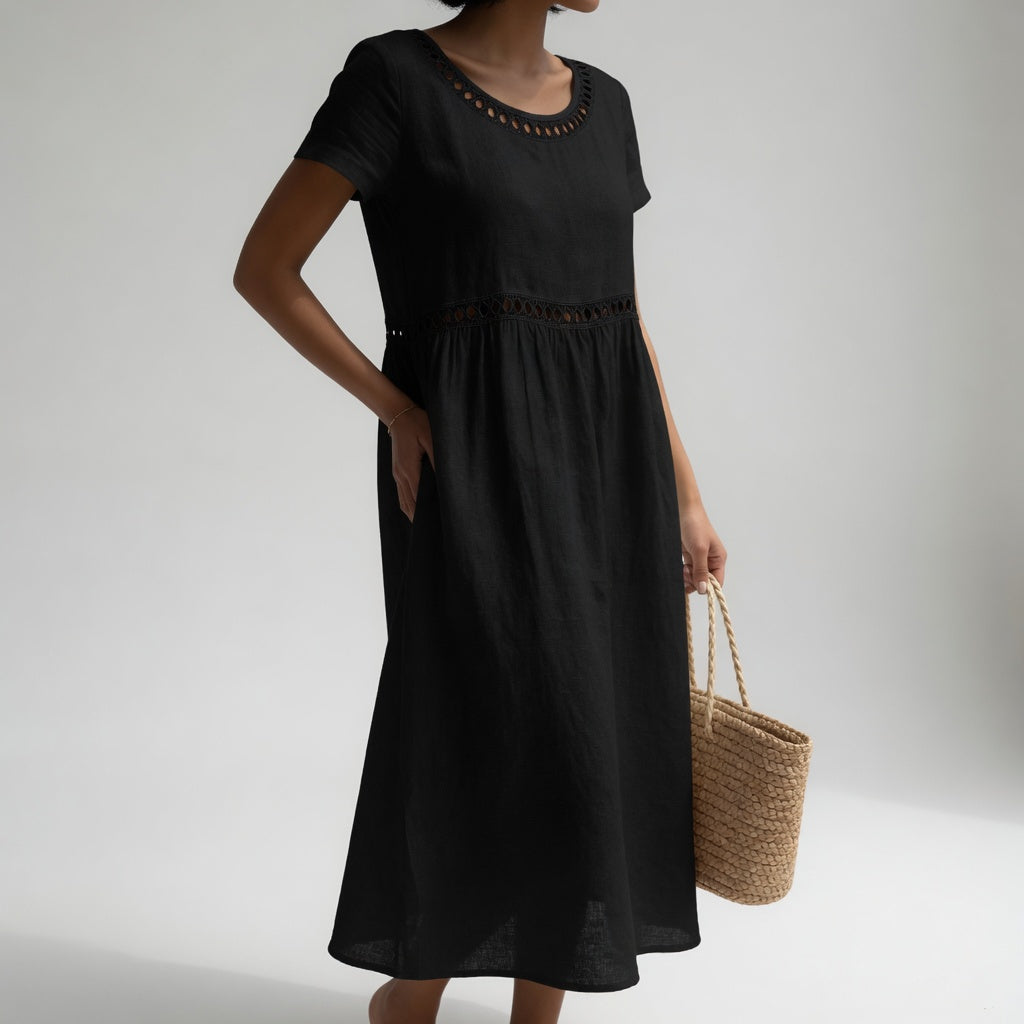 Round Neck Short Sleeve Eyelet Trim Midi Dress 2