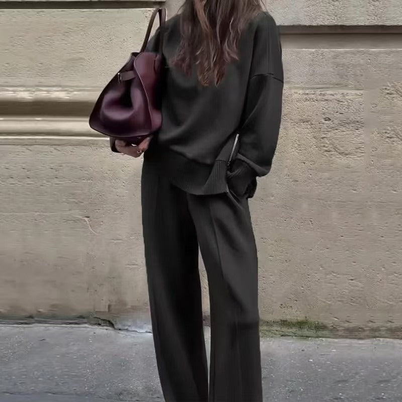 Drop Shoulder Knit Top and Wide Leg Pants Two Piece Set