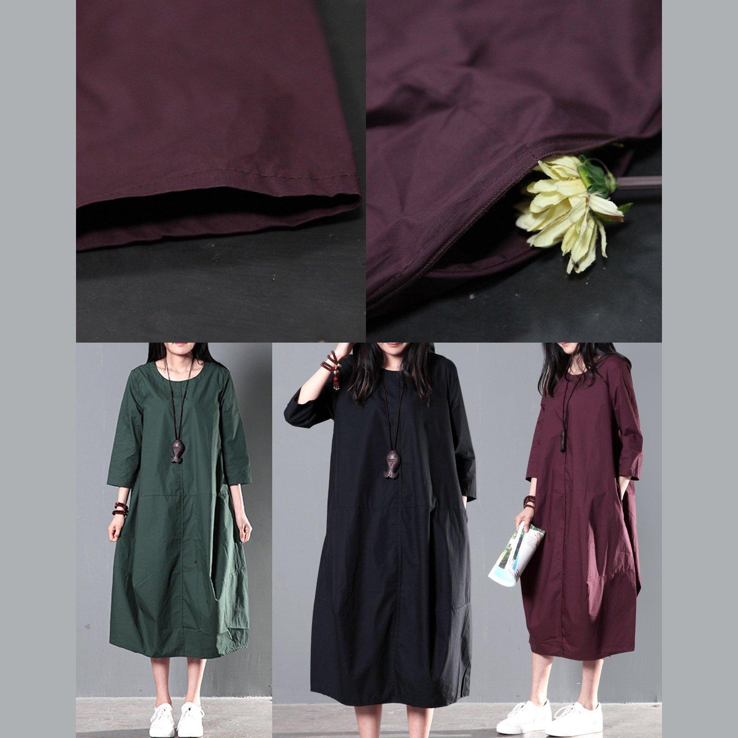 Oversized Round Neck Three Quarter Sleeve Pocket Midi Kaftan Dress