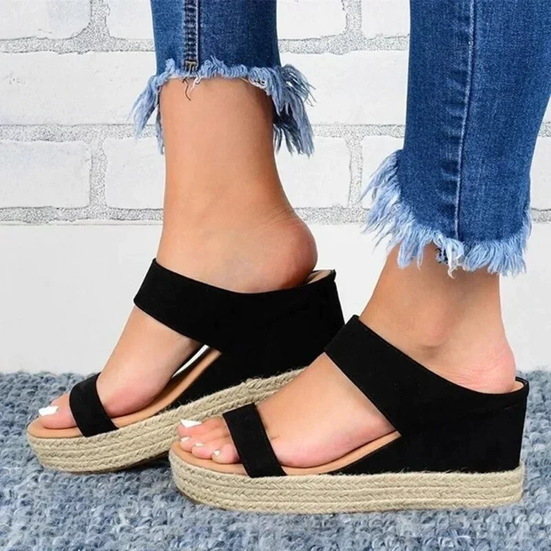 Denim Look Two Band Espadrille Platform Wedge Slides