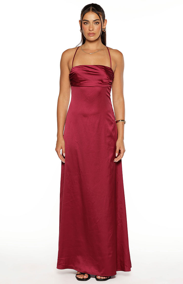 Satin Cowl Neck Strappy Tie Back Ruched Maxi Dress 5