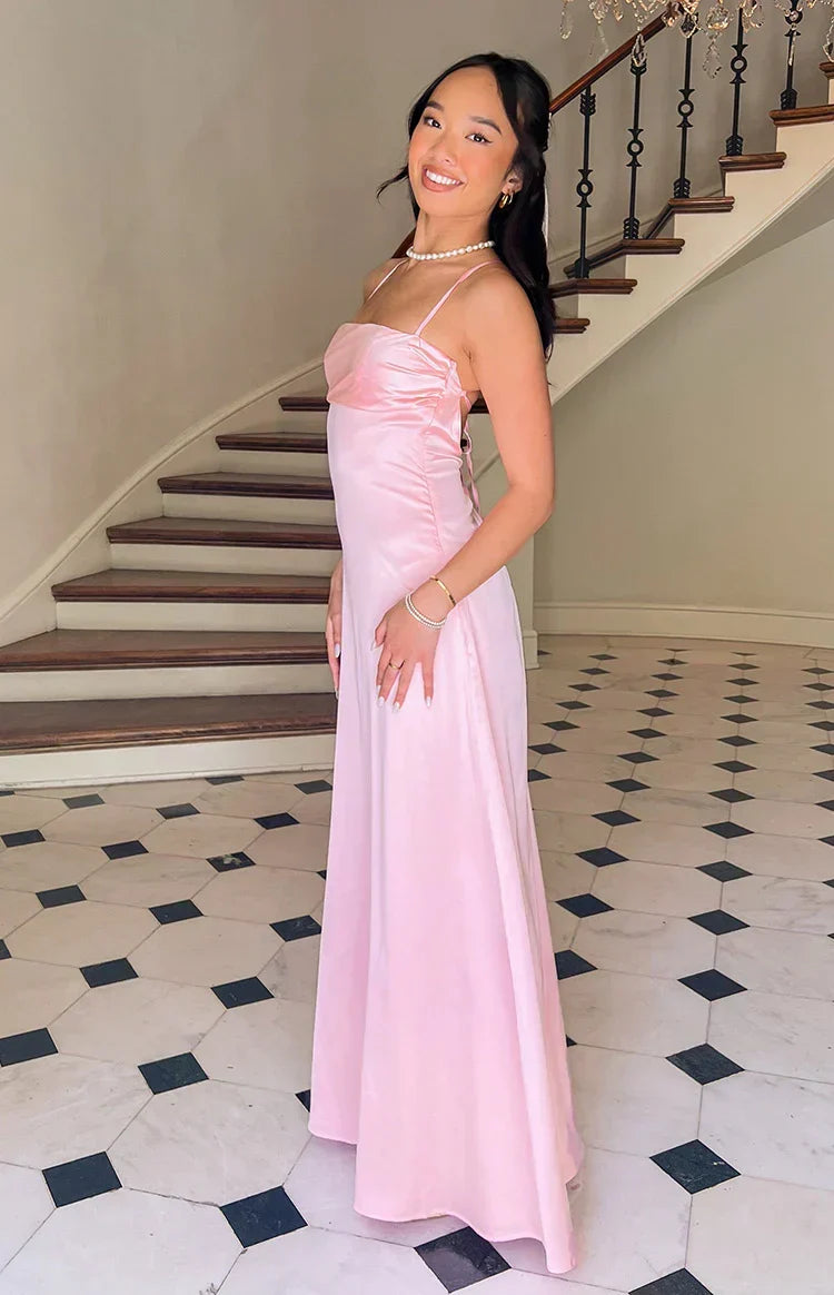Satin Cowl Neck Lace Up Back Ruched Maxi Dress 15