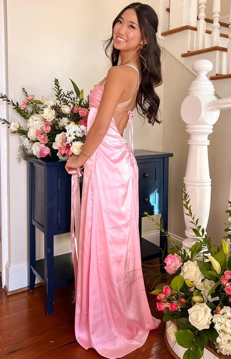 Satin Cowl Neck Lace Up Back Ruched Maxi Dress 12