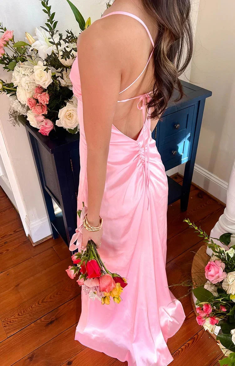 Satin Cowl Neck Lace Up Back Ruched Maxi Dress 13