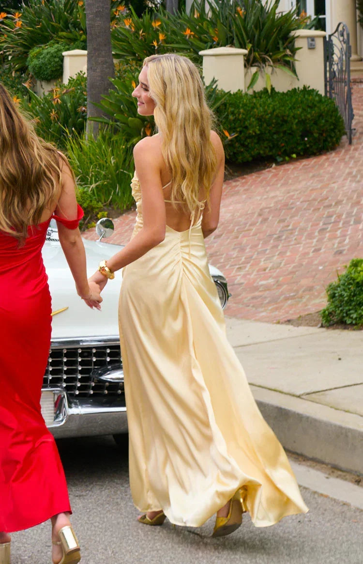 Satin Draped Straight Neck Spaghetti Strap Column Maxi Dress 4