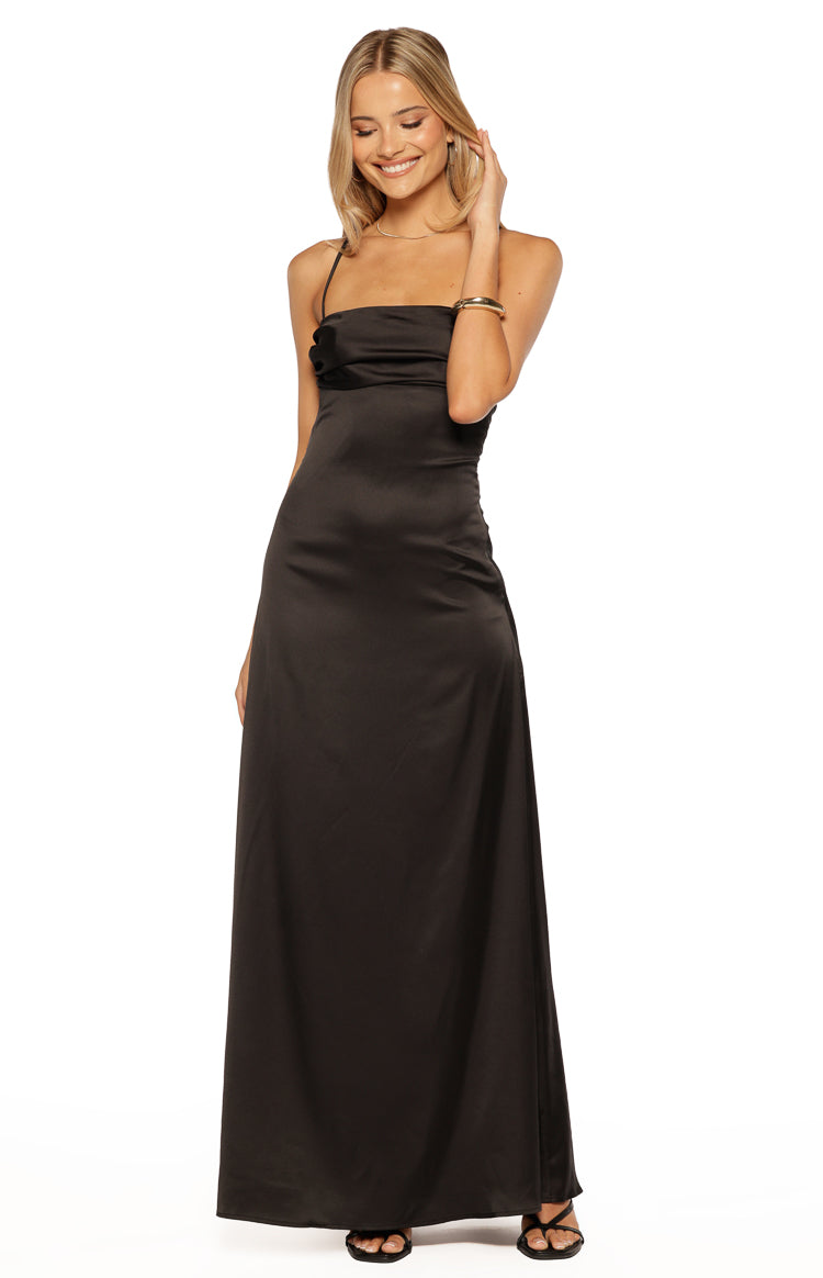 Satin Strapless Fold Over Neckline Strappy Open Back Maxi Dress 2