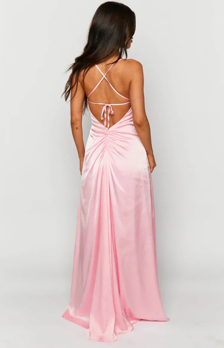 Satin Cowl Neck Lace Up Back Ruched Maxi Dress 5
