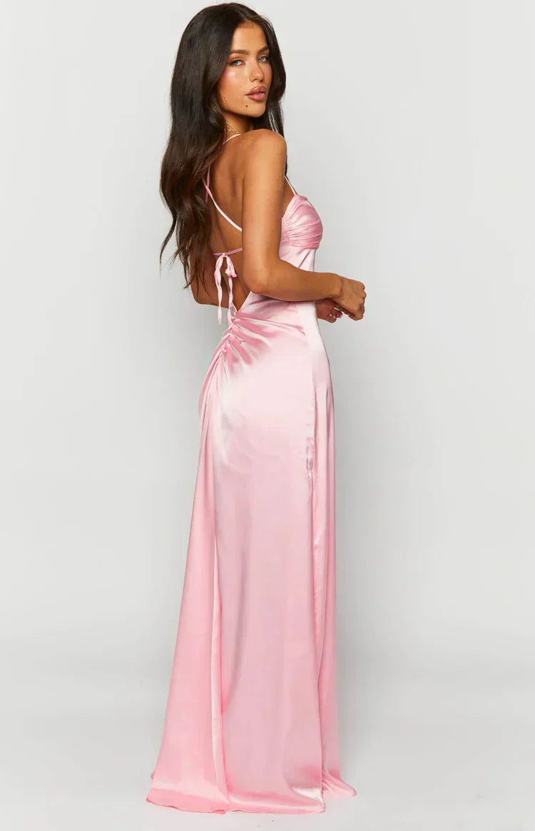 Satin Cowl Neck Lace Up Back Ruched Maxi Dress 6