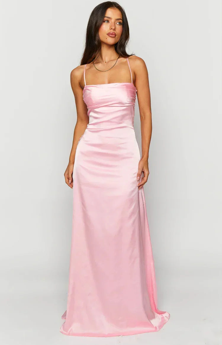 Satin Cowl Neck Lace Up Back Ruched Maxi Dress 2