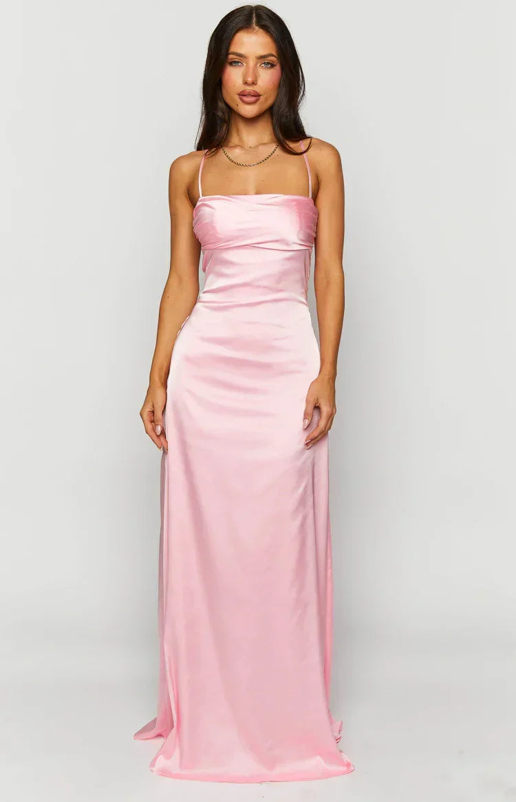 Satin Cowl Neck Lace Up Back Ruched Maxi Dress 7