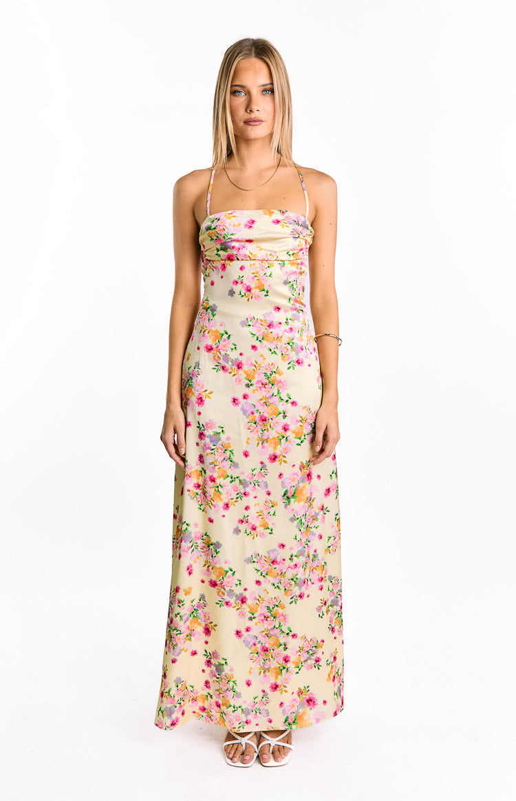 Floral Print Satin Cowl Neck Strappy Lace Up Back Maxi Dress 2
