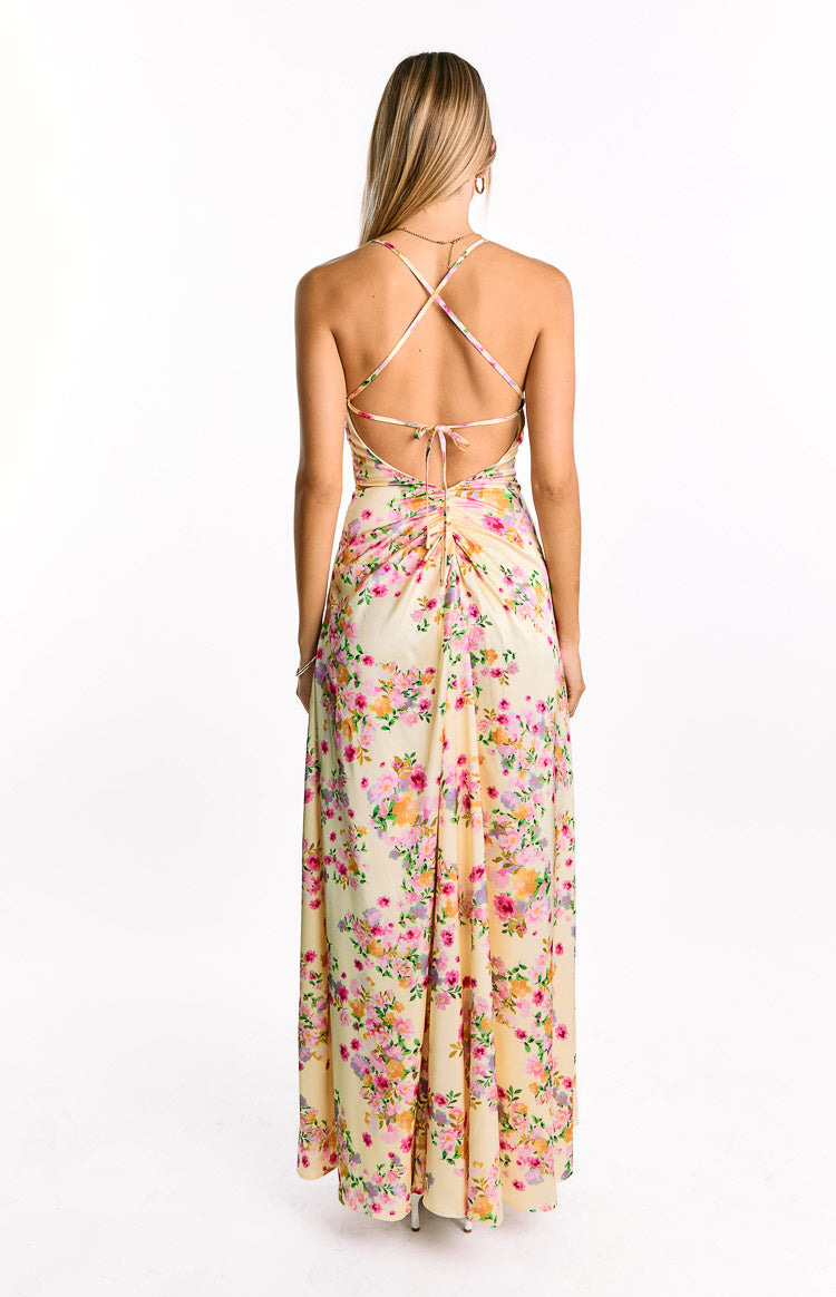 Floral Print Satin Cowl Neck Strappy Lace Up Back Maxi Dress 4