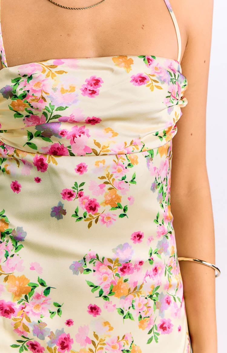 Floral Print Satin Cowl Neck Strappy Lace Up Back Maxi Dress 6