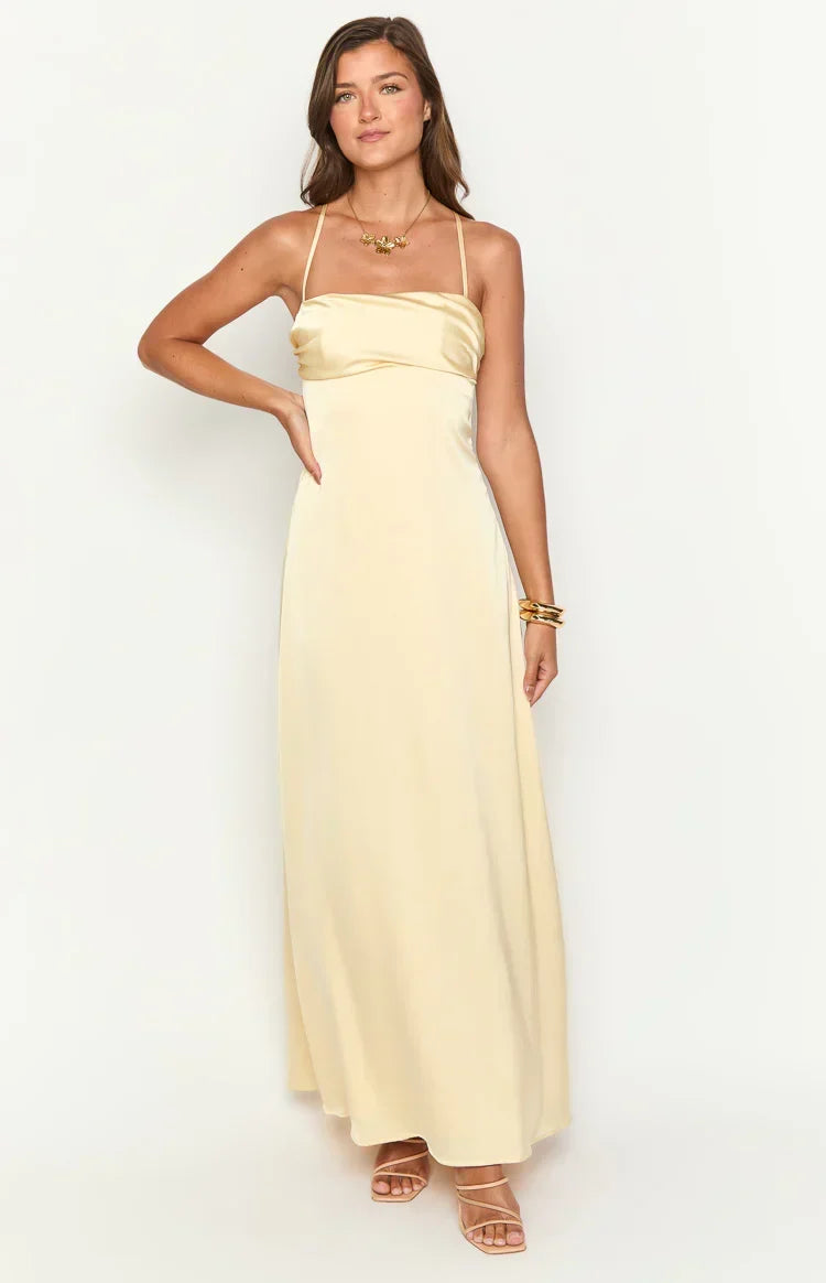 Satin Draped Straight Neck Spaghetti Strap Column Maxi Dress 2