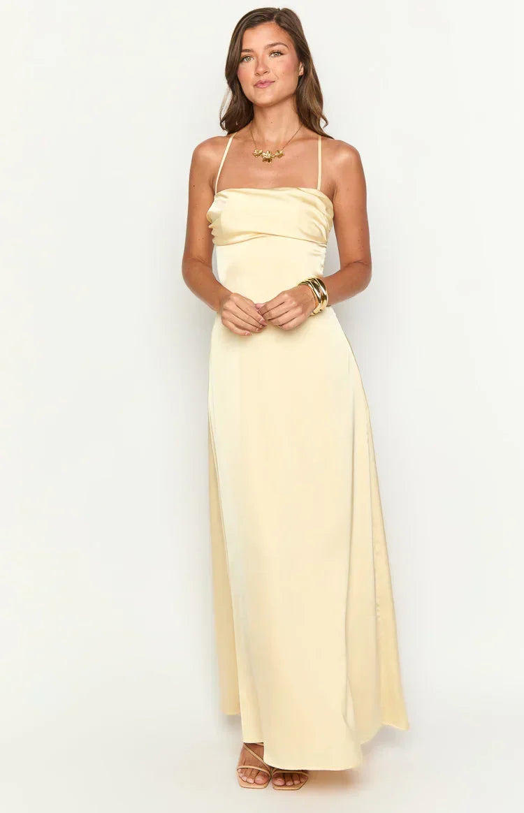 Satin Draped Straight Neck Spaghetti Strap Column Maxi Dress 6