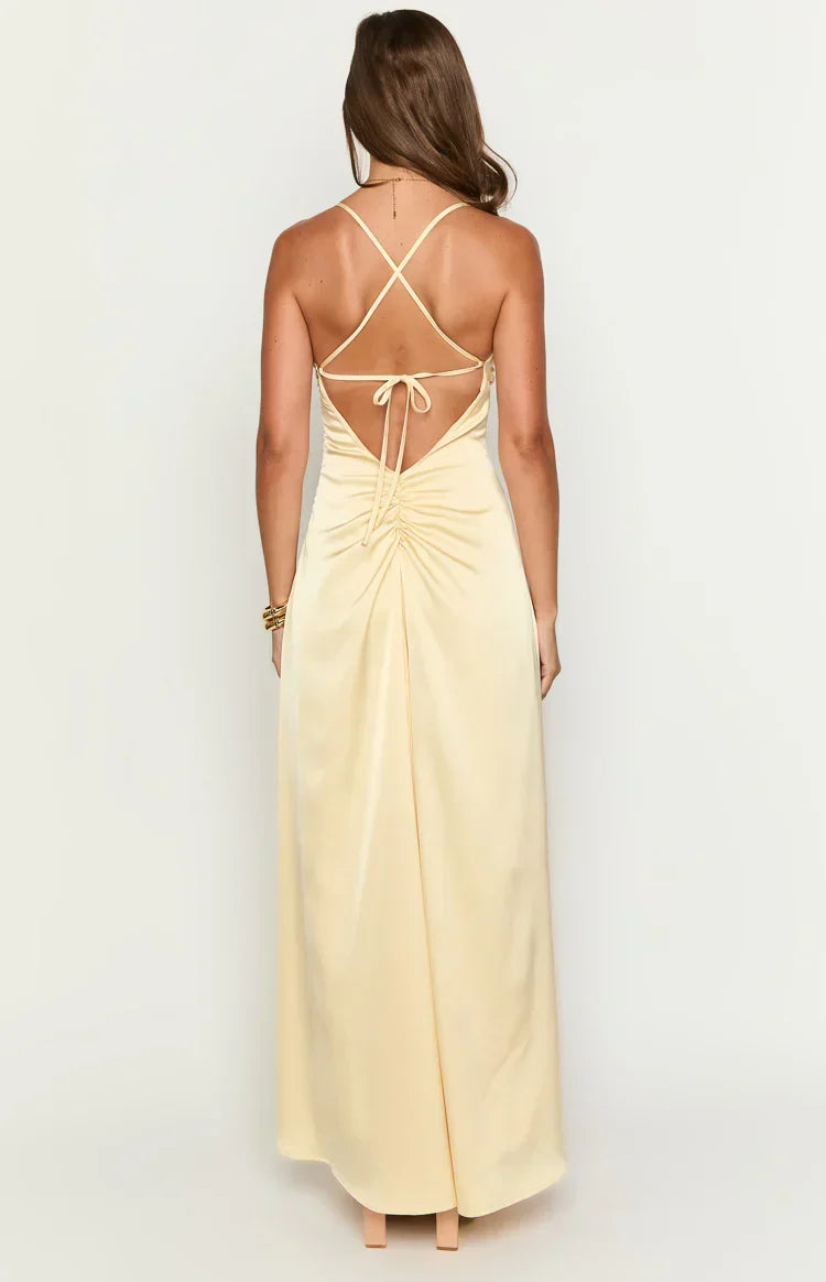 Satin Draped Straight Neck Spaghetti Strap Column Maxi Dress 8