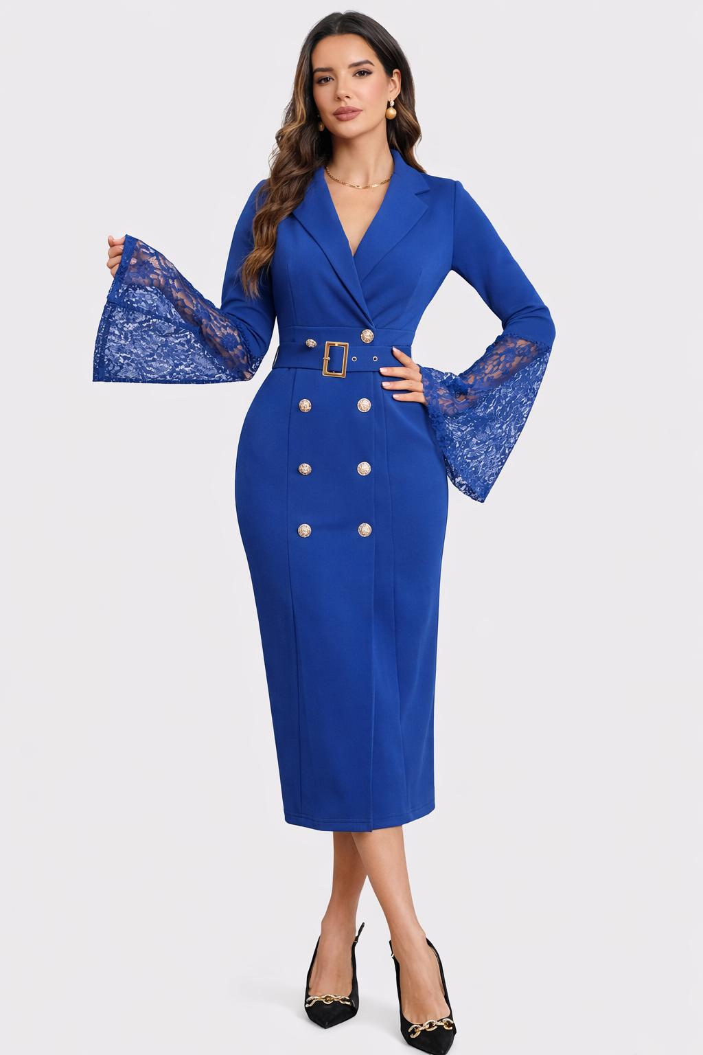 Double Breasted Belted Lace Bell Sleeve Blazer Midi Dress