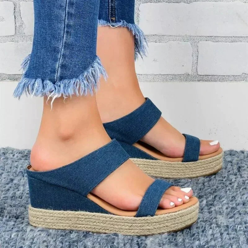 Denim Look Two Band Espadrille Platform Wedge Slides