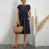 Crew Neck Cap Sleeve Pocket Midi Dress Summer 13