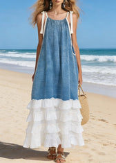 Blue Lace Up Ruffled Patchwork Cotton Spaghetti Strap Dress Sleeveless 5
