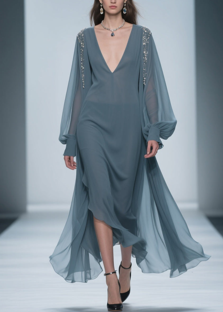 Chiffon Deep V-Neck Beaded Shoulder Bishop Sleeve Layered Maxi Gown