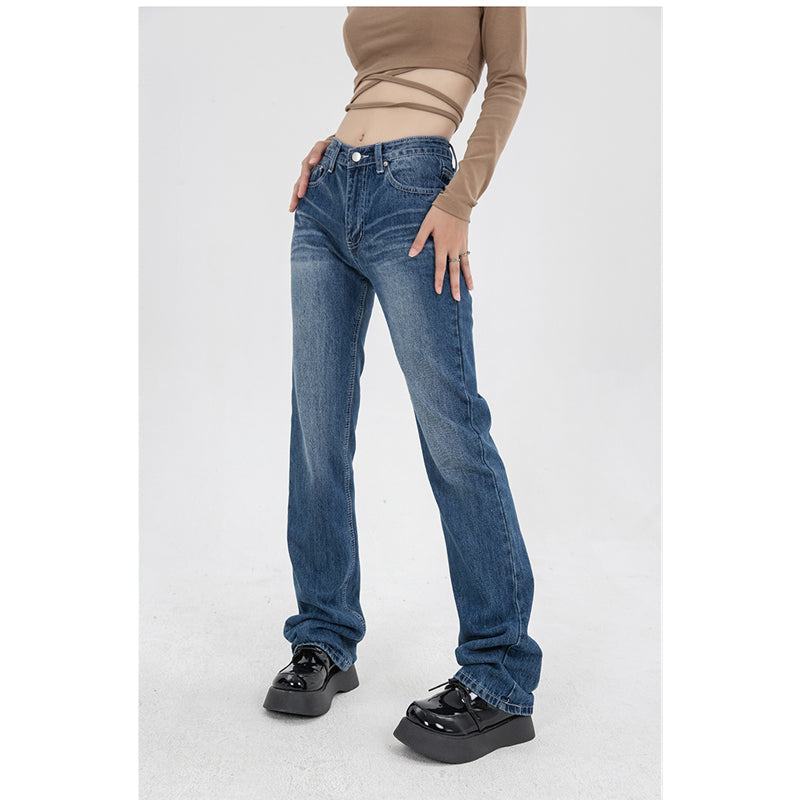 High Waist Whiskered Faded Wash Slim Straight Leg Jeans 5
