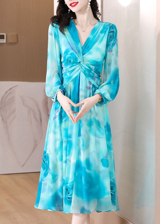 Blue Wrinkled Chiffon Long Dresses V Neck Long Sleeve 2