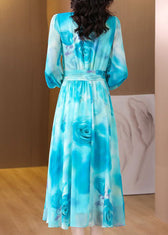 Blue Wrinkled Chiffon Long Dresses V Neck Long Sleeve 4