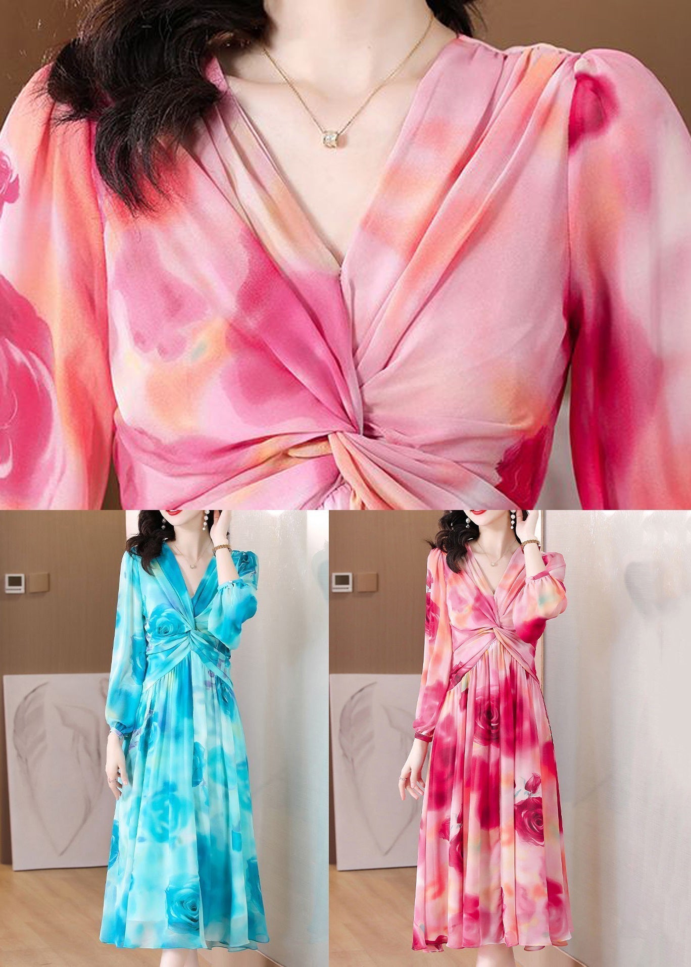 Blue Wrinkled Chiffon Long Dresses V Neck Long Sleeve 5