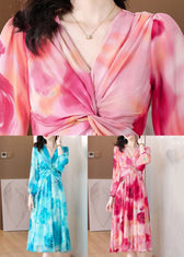 Blue Wrinkled Chiffon Long Dresses V Neck Long Sleeve 5