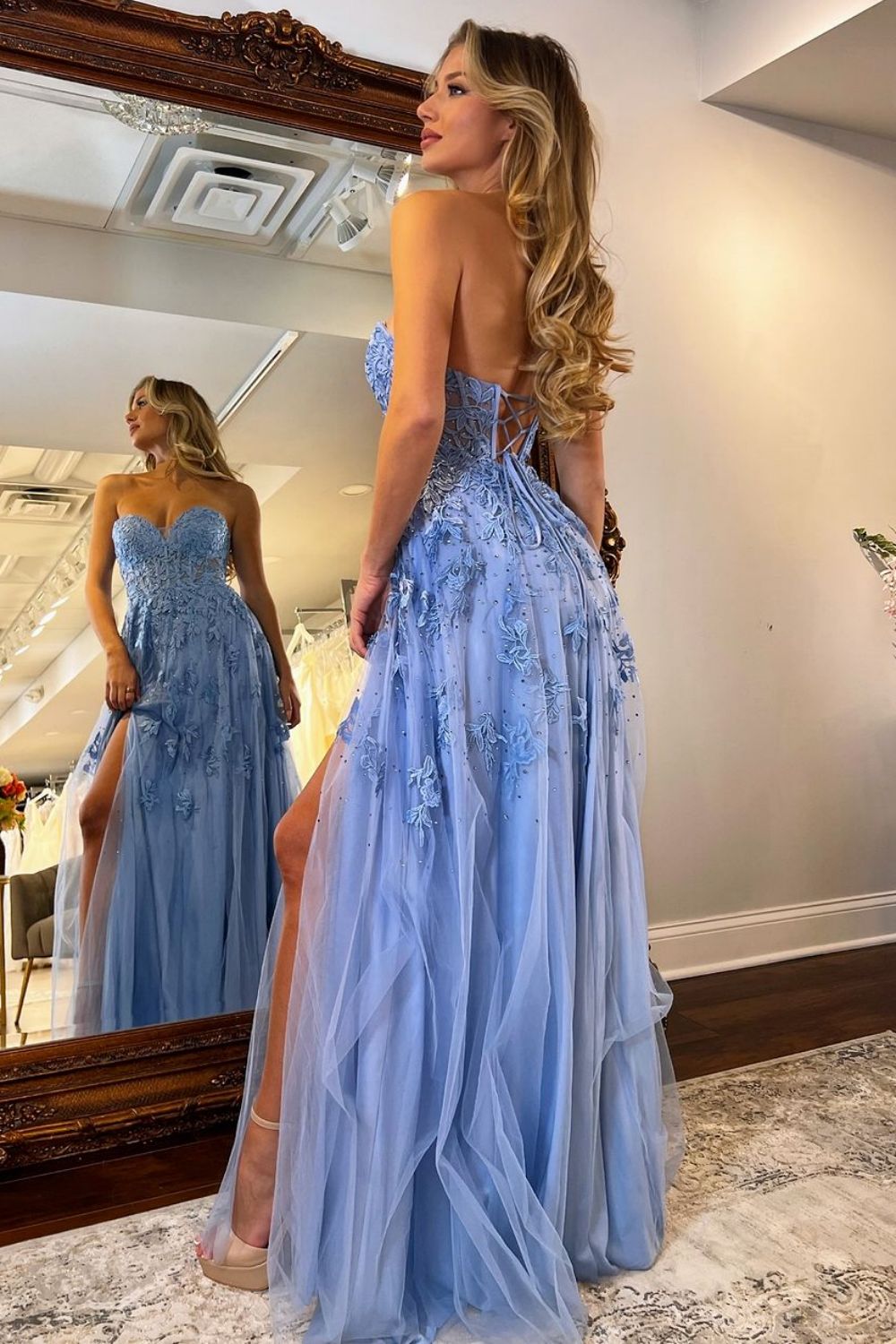Blue A Line Blue Sweetheart Lace Up  Long Tulle Prom Dress with Appliques