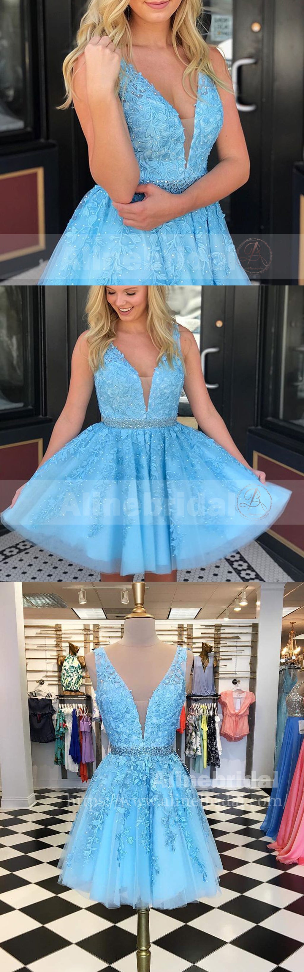 Lace Appliqué Deep V-Neck Beaded Waist Tulle A-Line Homecoming Dress 3