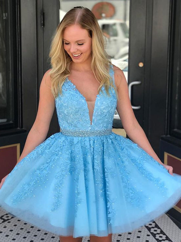 Lace Appliqué Deep V-Neck Beaded Waist Tulle A-Line Homecoming Dress