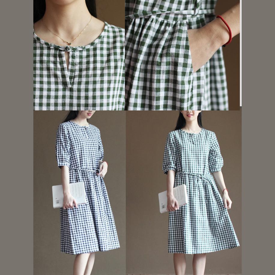Blue grid cotton sundress half sleeve summer maxi dresses