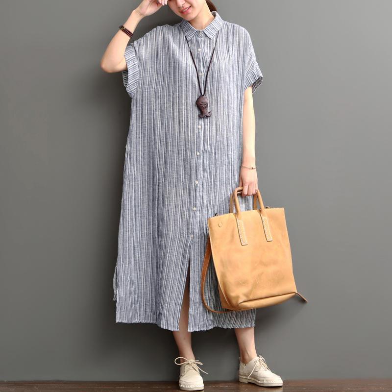 Blue open hem linen maxi dress plus size cotton dress