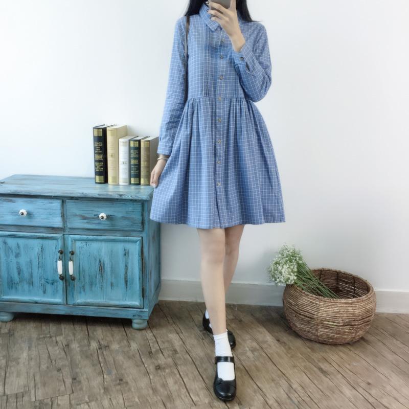 Blue retro plaid spring dress fit flare dresses linen