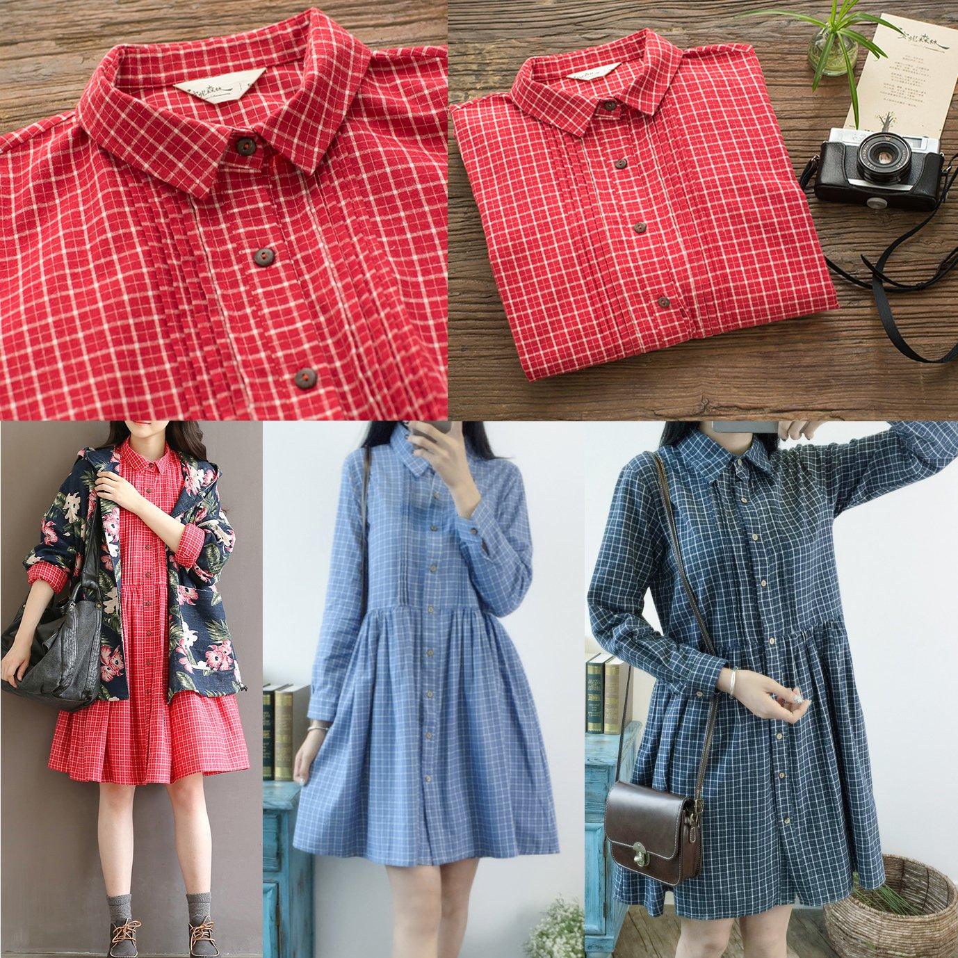 Blue retro plaid spring dress fit flare dresses linen