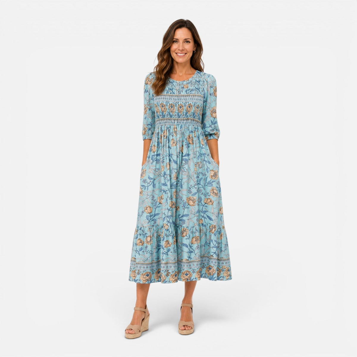 Floral Round Neck Smocked Tiered Midi Dress