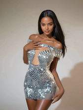 Off Shoulder Rhinestone Mini Dress In Silver