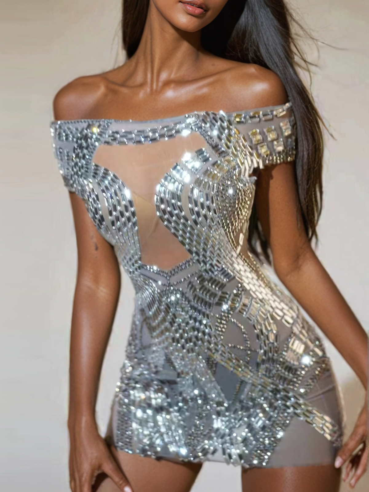 Off Shoulder Rhinestone Mini Dress In Silver - View 4